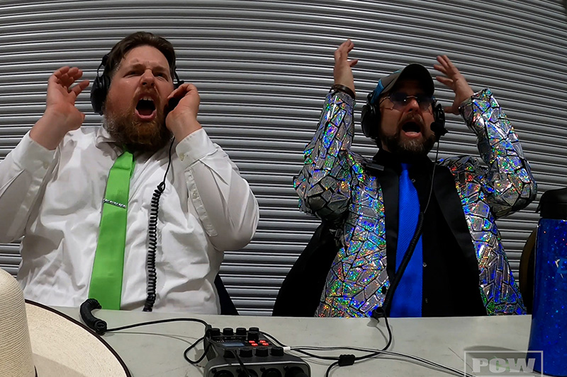 PCW Limelight commentators 'Wild' Buck James and 'The Diamond Standard of Commentary' Doctor Heywood react in shock and surprise to an unexpected moment in the ring during a PCW event at the Oroville Convention Center.